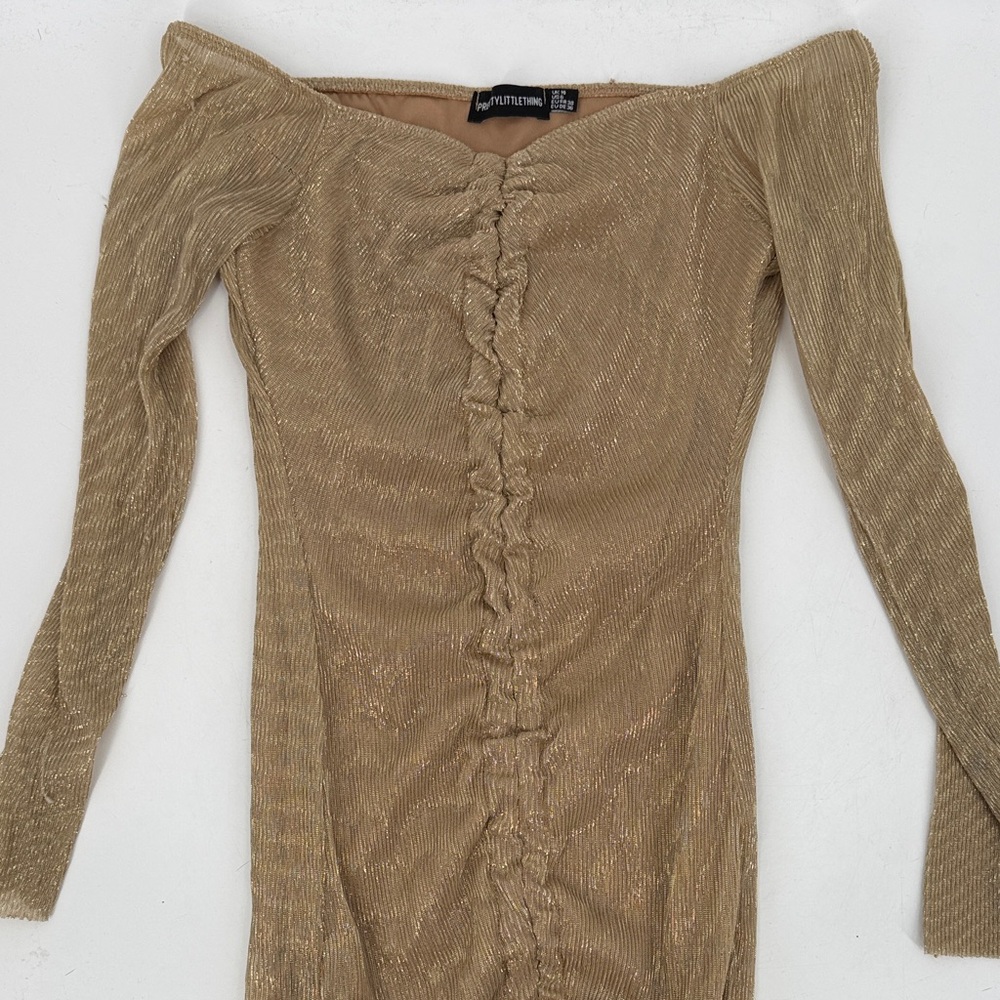 Pretty Little Thing dress gold shimmer  Off-Shoulder size 6